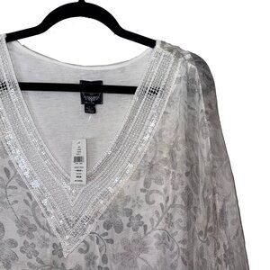 Le Marais Paris 100% Silk Pastel Floral Sequin Poncho Blouse - Size L - NWT